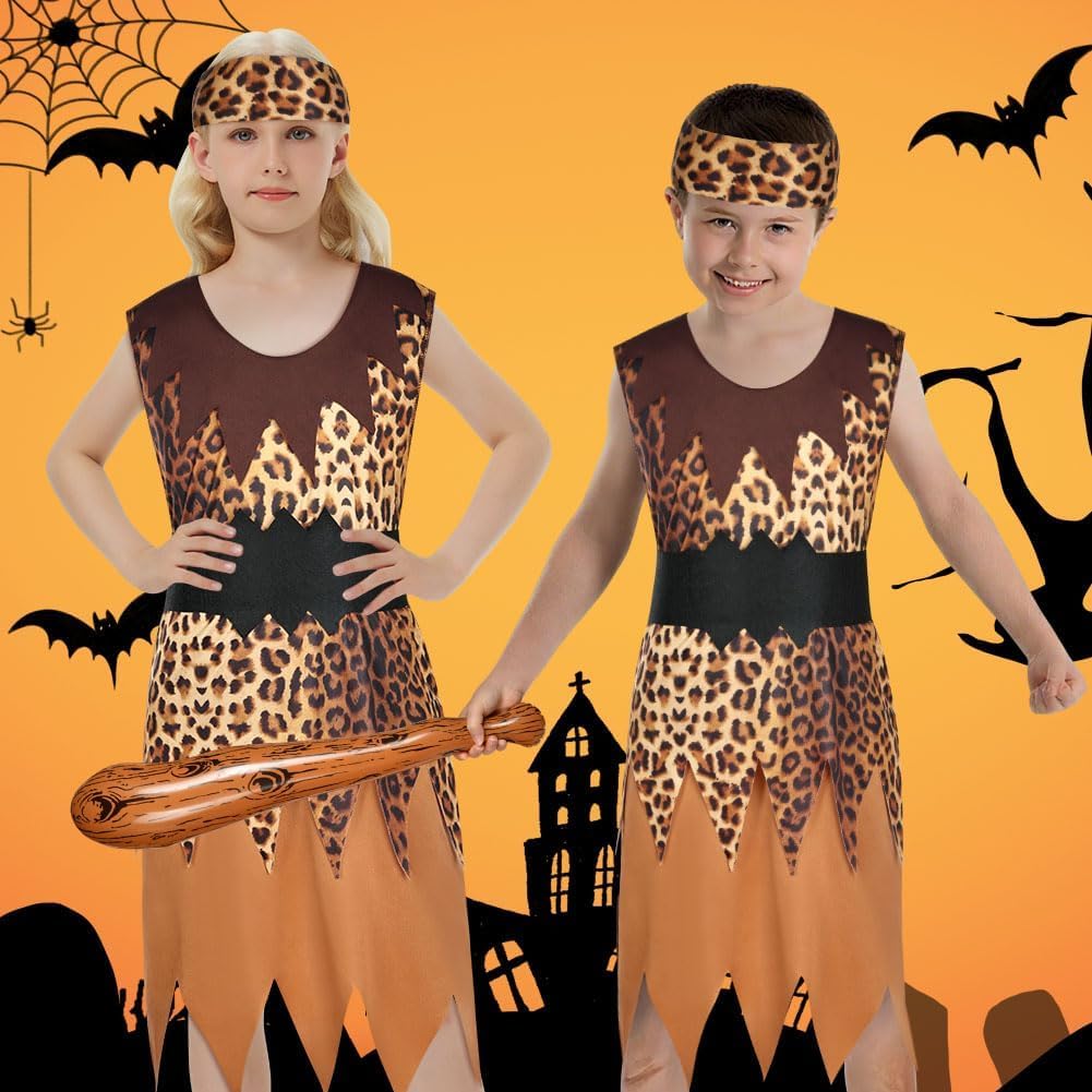 Detalle de AYBUY Costume da Cavernicolo per Bambini – Tunica leopardata con cintura e accessori