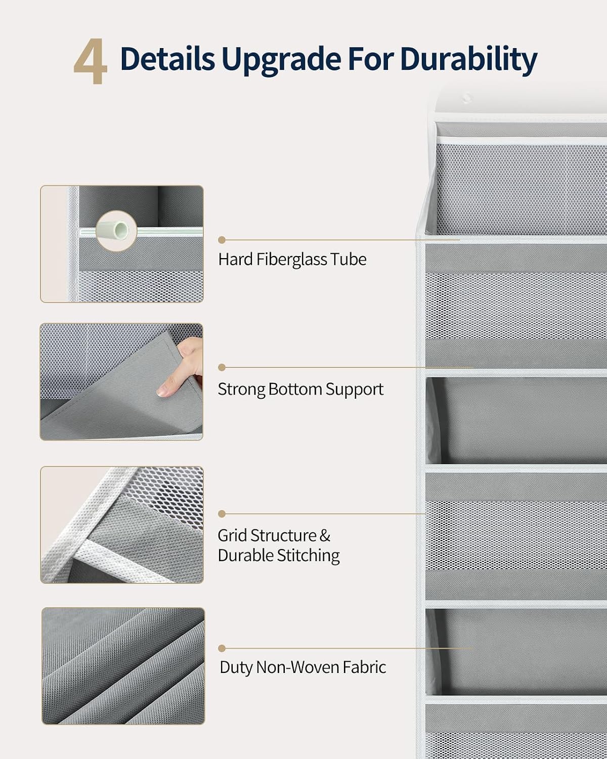 Detalle 2 de Yecaye SDHB00303YCY 5-Tier Over-the-Door Organizer, Grey, Mesh Pockets