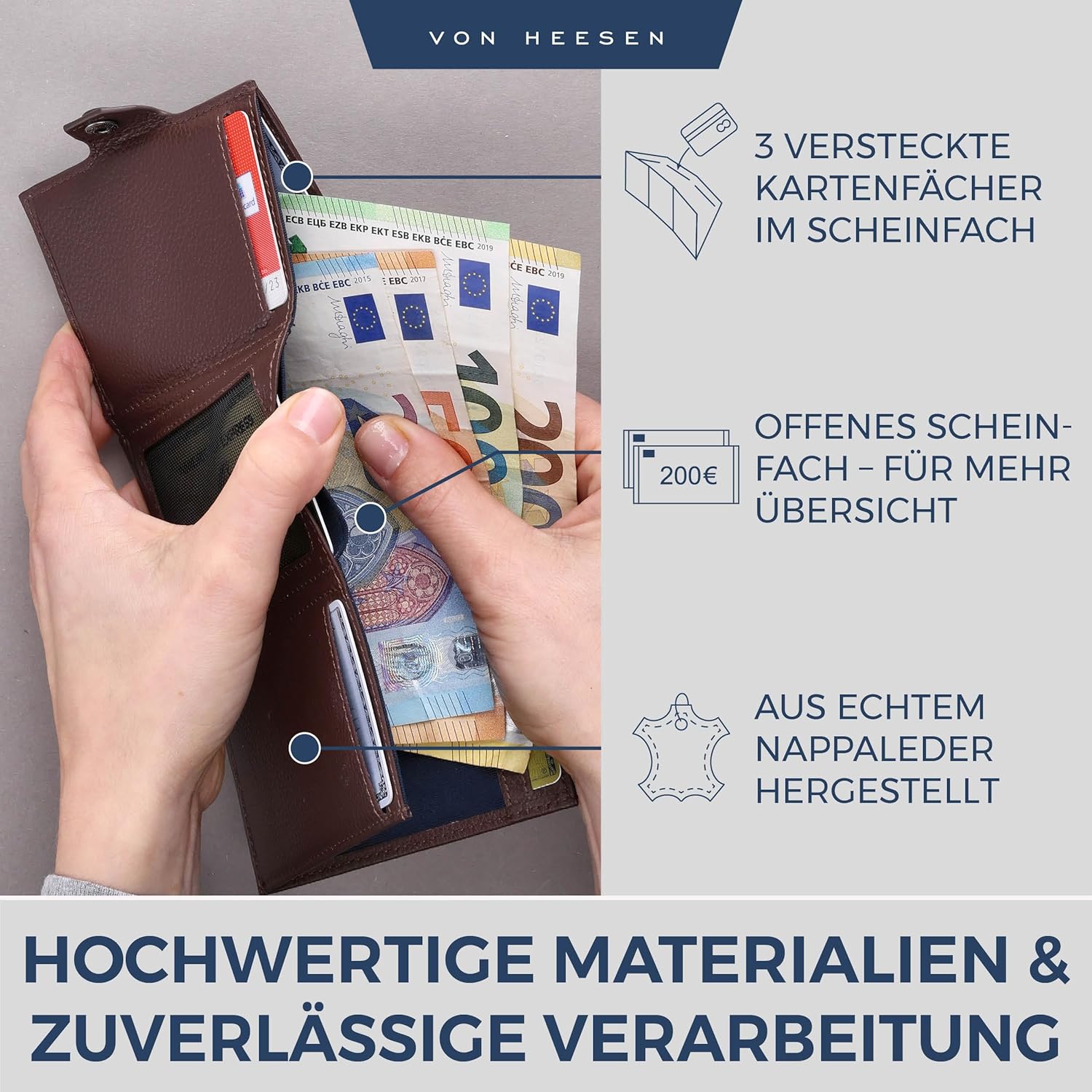 Thumbnail 3 de VON HEESEN Slim Wallet mit Münzfach & RFID-Schutz – kompakte Leder-Geldbörse braun