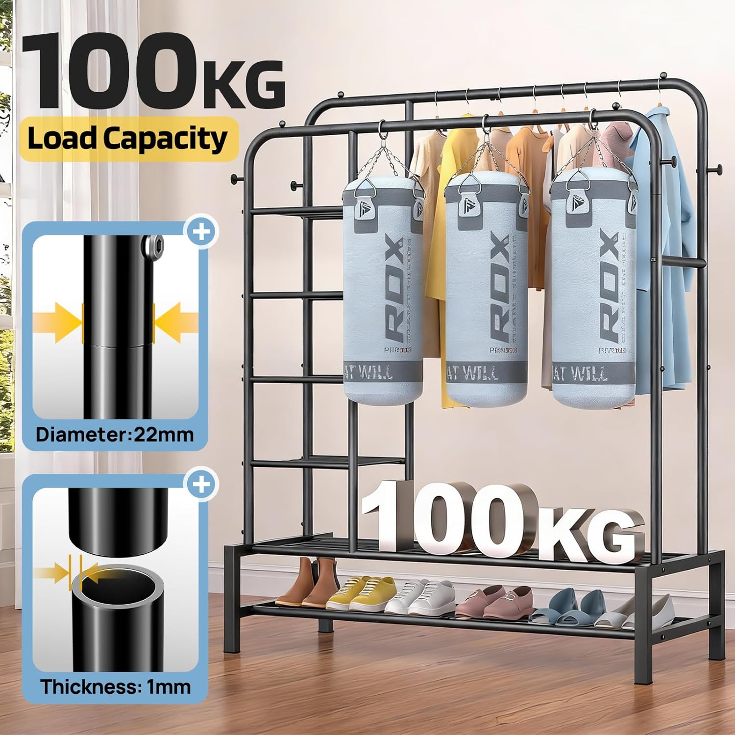 Thumbnail 1 de ZHKINGGS Clothes Rail for Bedroom – 100kg Freestanding Double Rack with Shelves & Coat Hooks