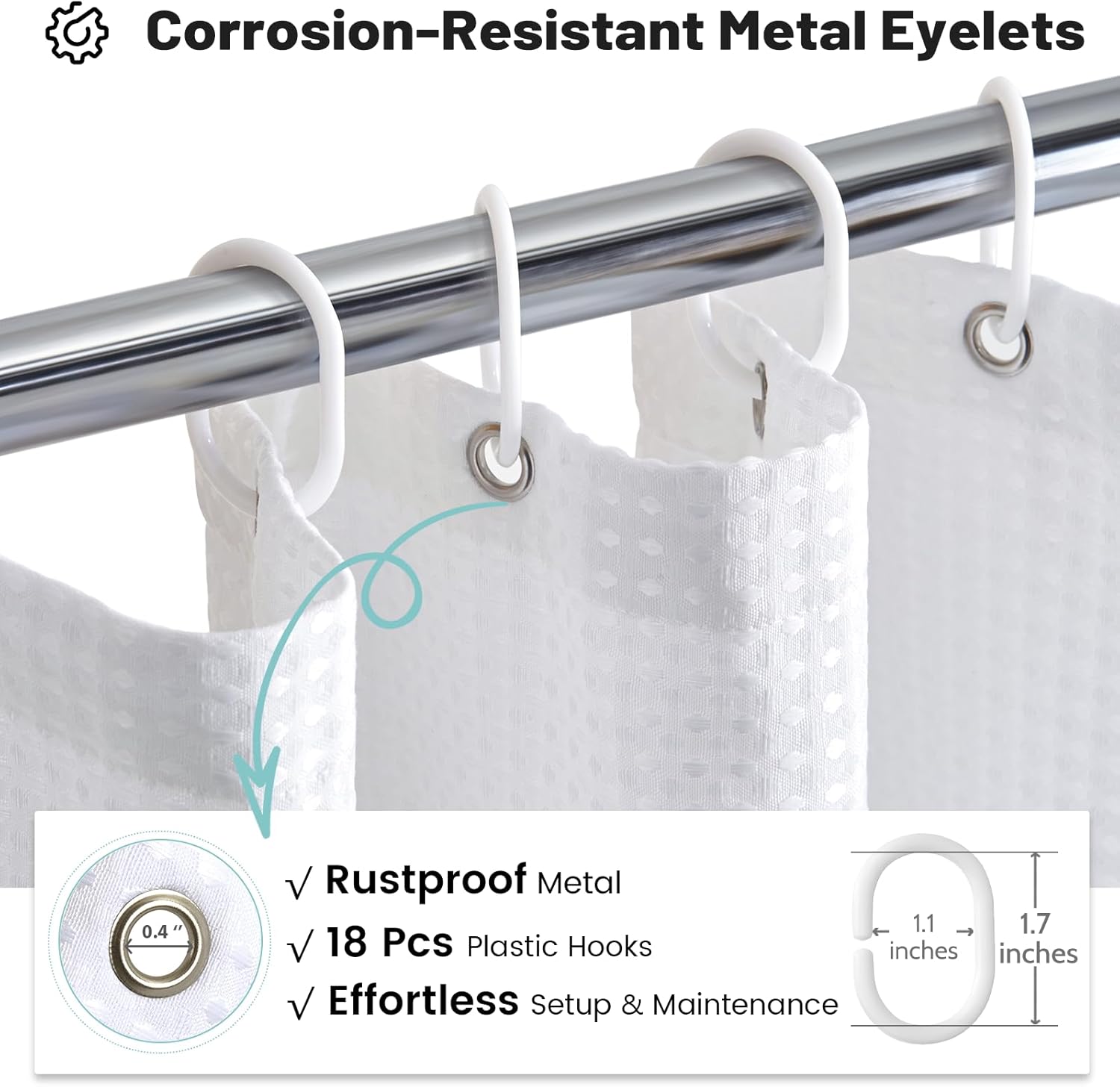 Thumbnail 5 de BTTN Extra Wide Waffle Shower Curtain 275 x 182cm with 18 Hooks – White