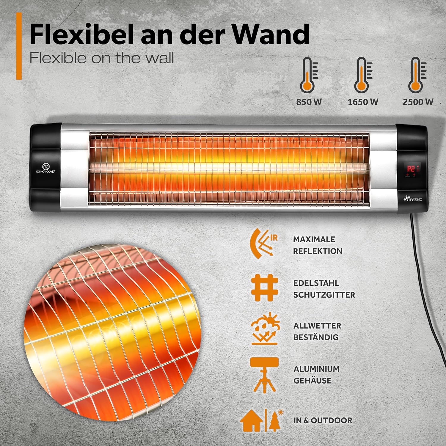Detalle 2 de TRESKO THSL-001 infrarood terrasverwarmer 2500 W met afstandsbediening