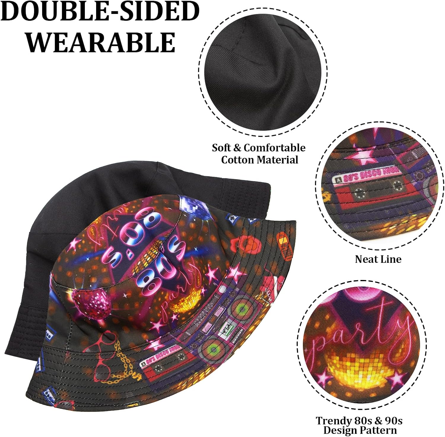 Detalle de YAMEIZE Retro Style 80s Reversible Bucket Hat