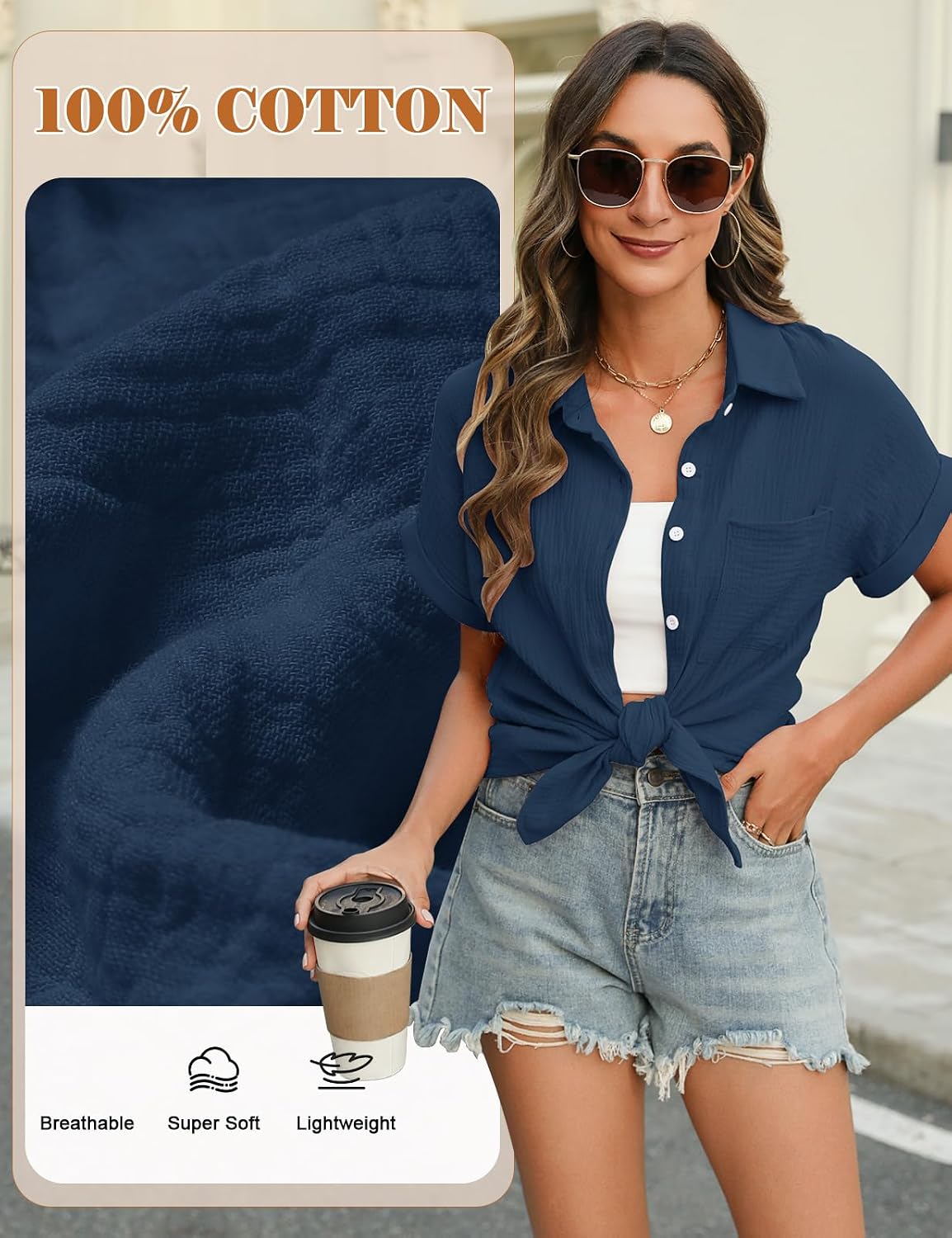 Detalle de PASUDA camicia donna estiva in cotone con scollo a V e bottoni, manica corta casual elegante