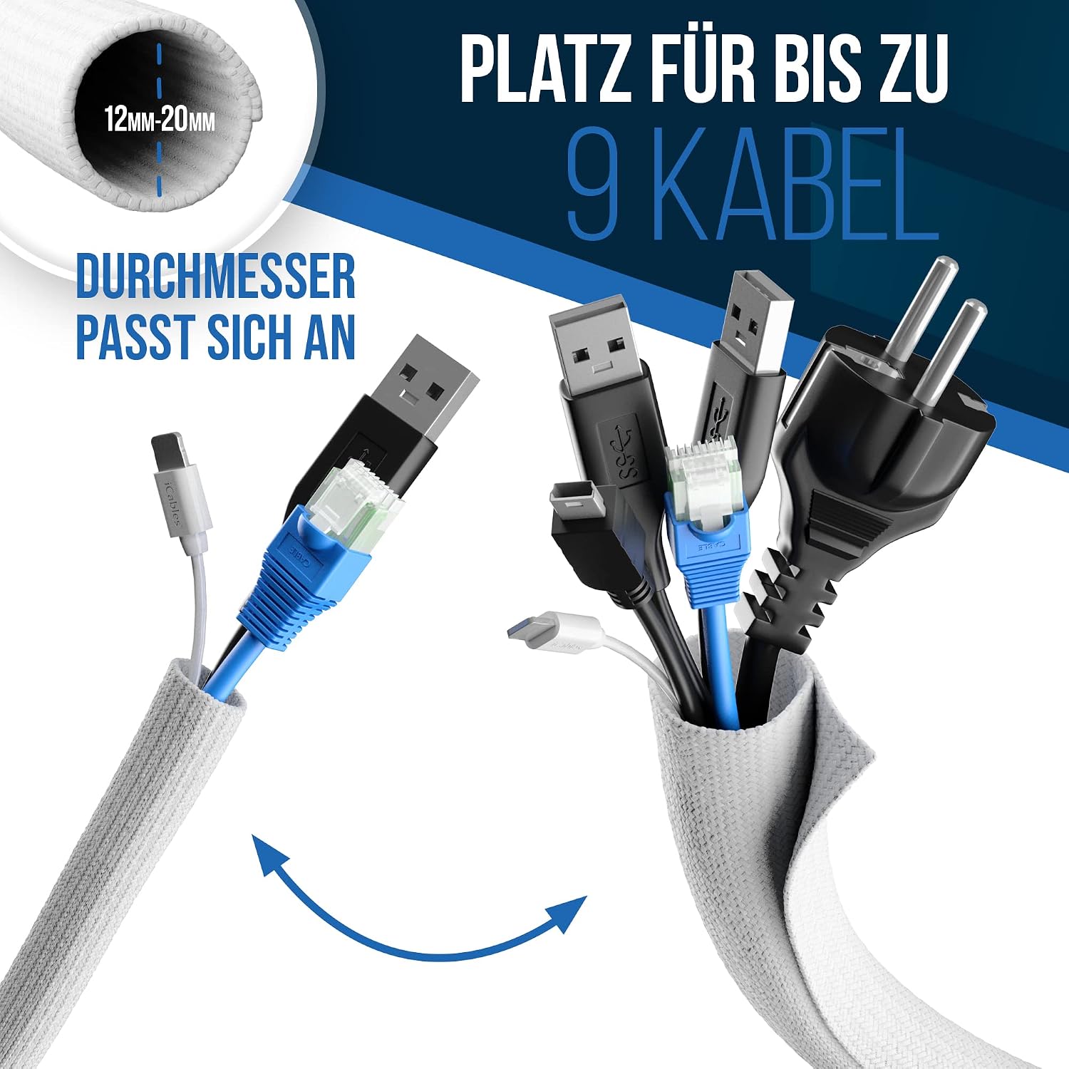 Detalle 2 de DOMAR® 3m Kabelschlauch selbstschließend & flexibel – Weißer Kabelkanal für Kabelmanagement am Schreibtisch