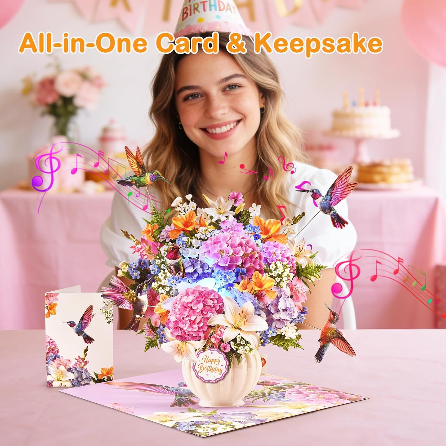 Thumbnail 5 de VIVIKEN Musical Hummingbird Pop-Up Birthday Card with Lights, A5 Floral Design