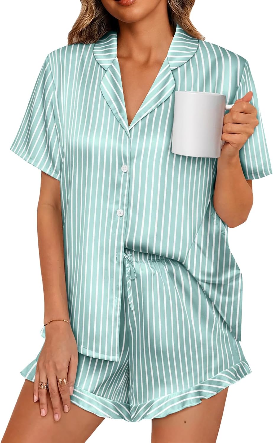 Thumbnail 6 de LILLUSORY Women’s Satin Silk Pajamas Set (2-Piece Ruffle Ruffle PJs) — Button-Down Top & Shorts