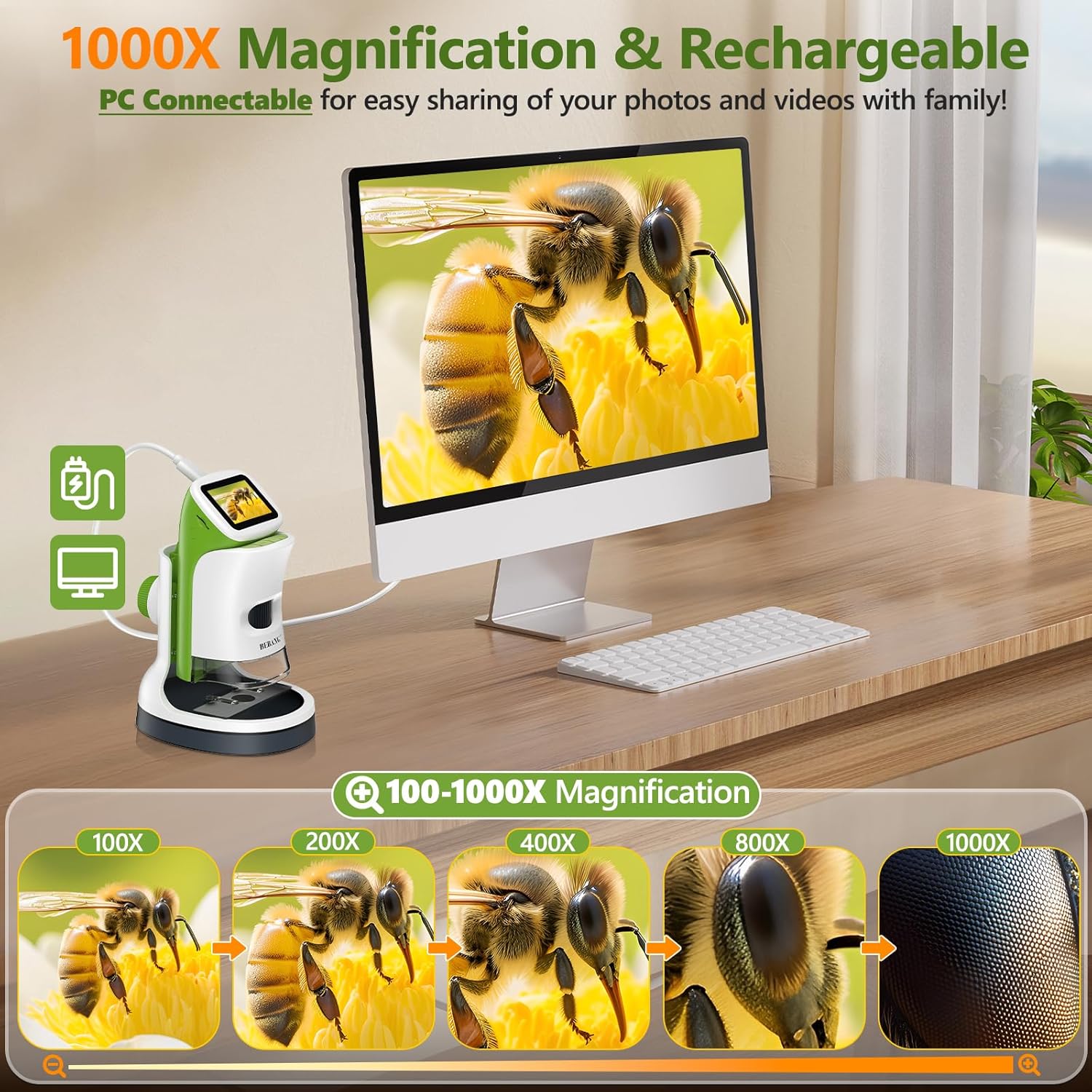 Thumbnail 5 de BEBANG Kids Handheld Mini Microscope with Stand – 2.0" 4K Screen, 1000X Digital Pocket Microscope Kit (32G EVA Case)