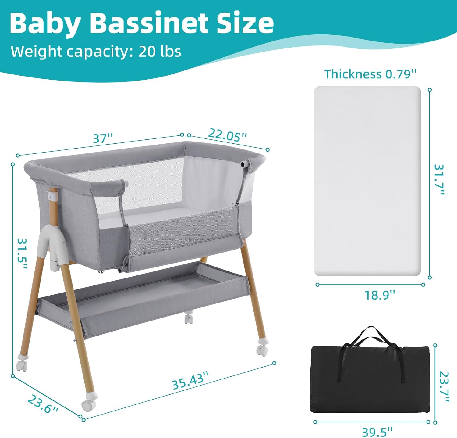 Thumbnail 5 de 3 in 1 Baby Beside Crib (from birth to 9kg) – portable bedside bassinet with adjustable height & incline, lockable wheels, grey