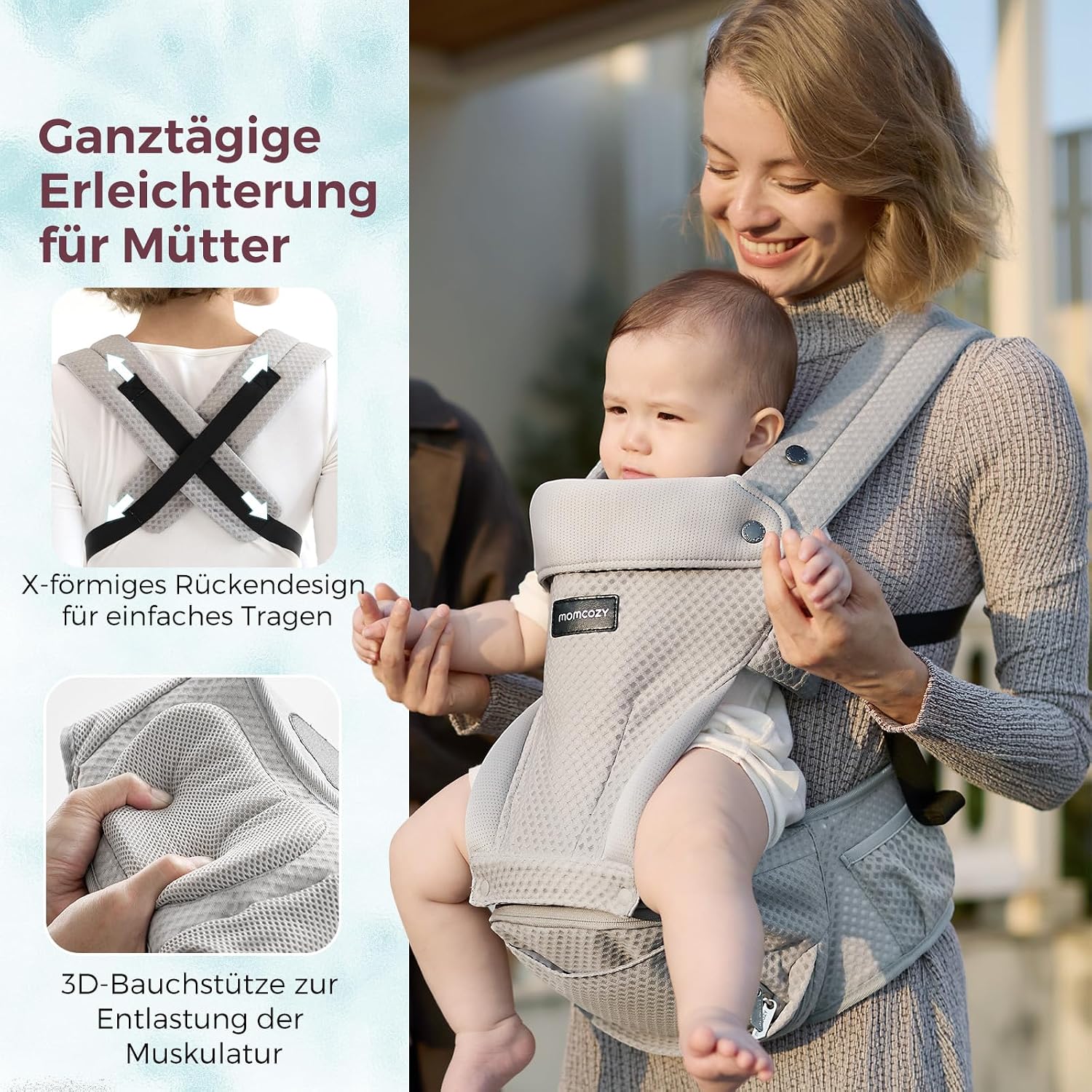 Thumbnail 4 de Momcozy Babytrage mit Hüftkissen 2-in-1 – Grau, bis 20 kg, 6 Tragepositionen