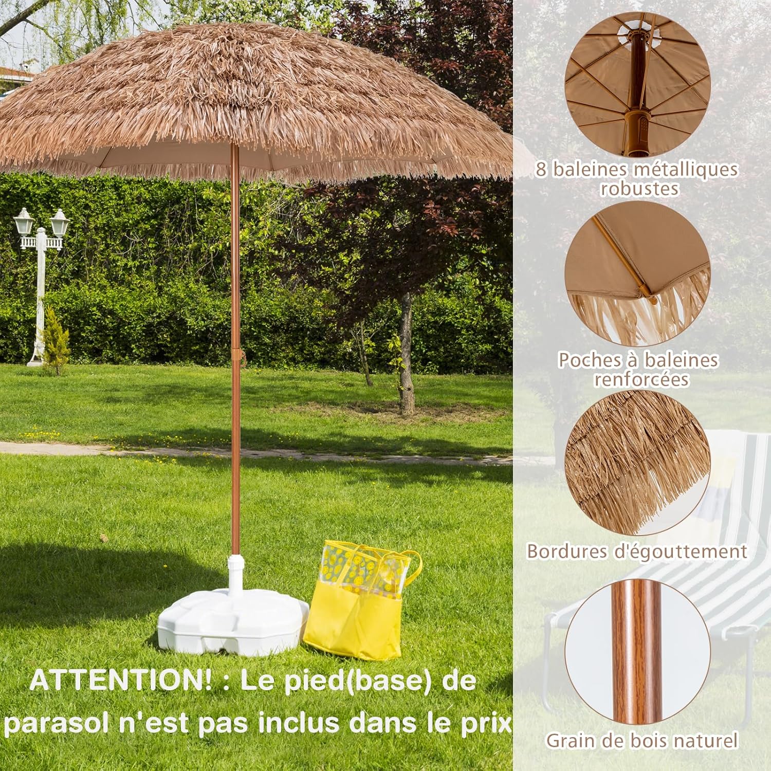 Thumbnail 4 de GOPLUS Parasol de Jardin Exterieur en Chaume PP – 2,4 m, style hawaïen avec toit, 8 baleines, 7 couches