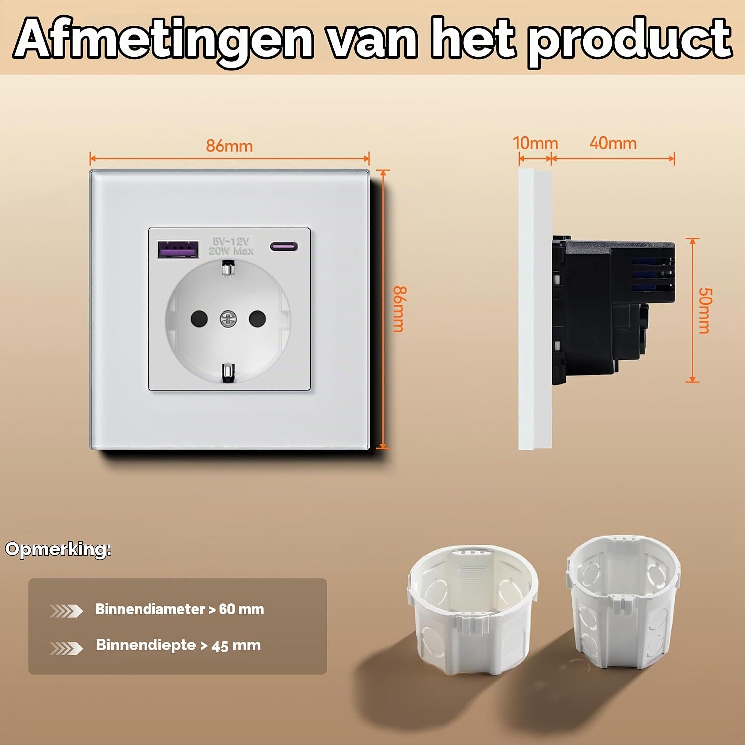 Detalle de BSEED 2P-GL86EUSK1PDAC1W inbouwstopcontact met USB-C, 20 W, wit