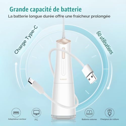 Detalle 2 de FlossJet, hydropulseur dentaire sans fil à 4 modes, réservoir 300 ml et IPX7