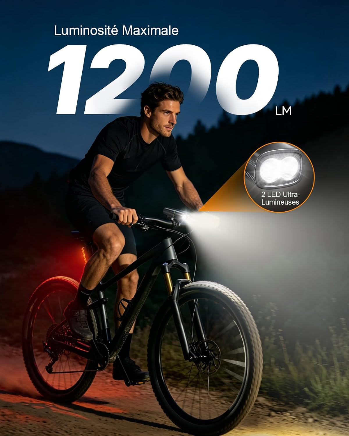 Detalle de Mohard fietslampenset met voor- en achterlicht, 1200 lumen, USB-C en IP65