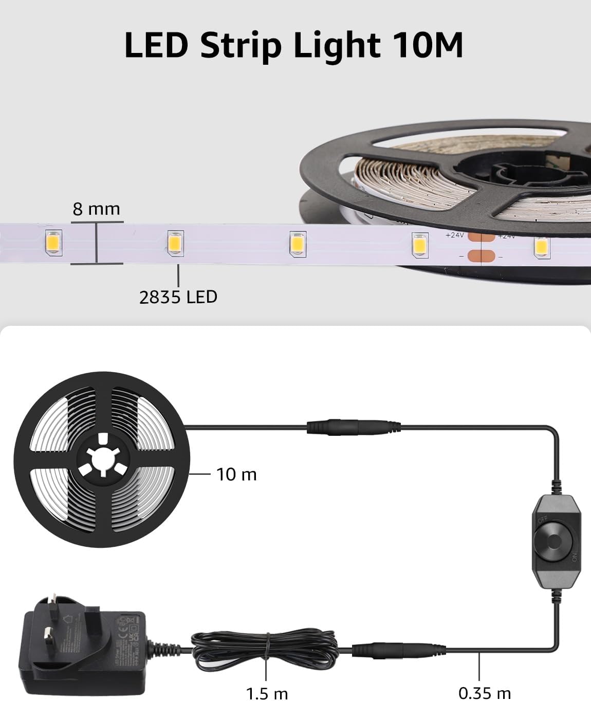 Detalle de Lepro Warm White LED Strip Light 10M (2000lm), 24V UK plug-in with dimmer switch