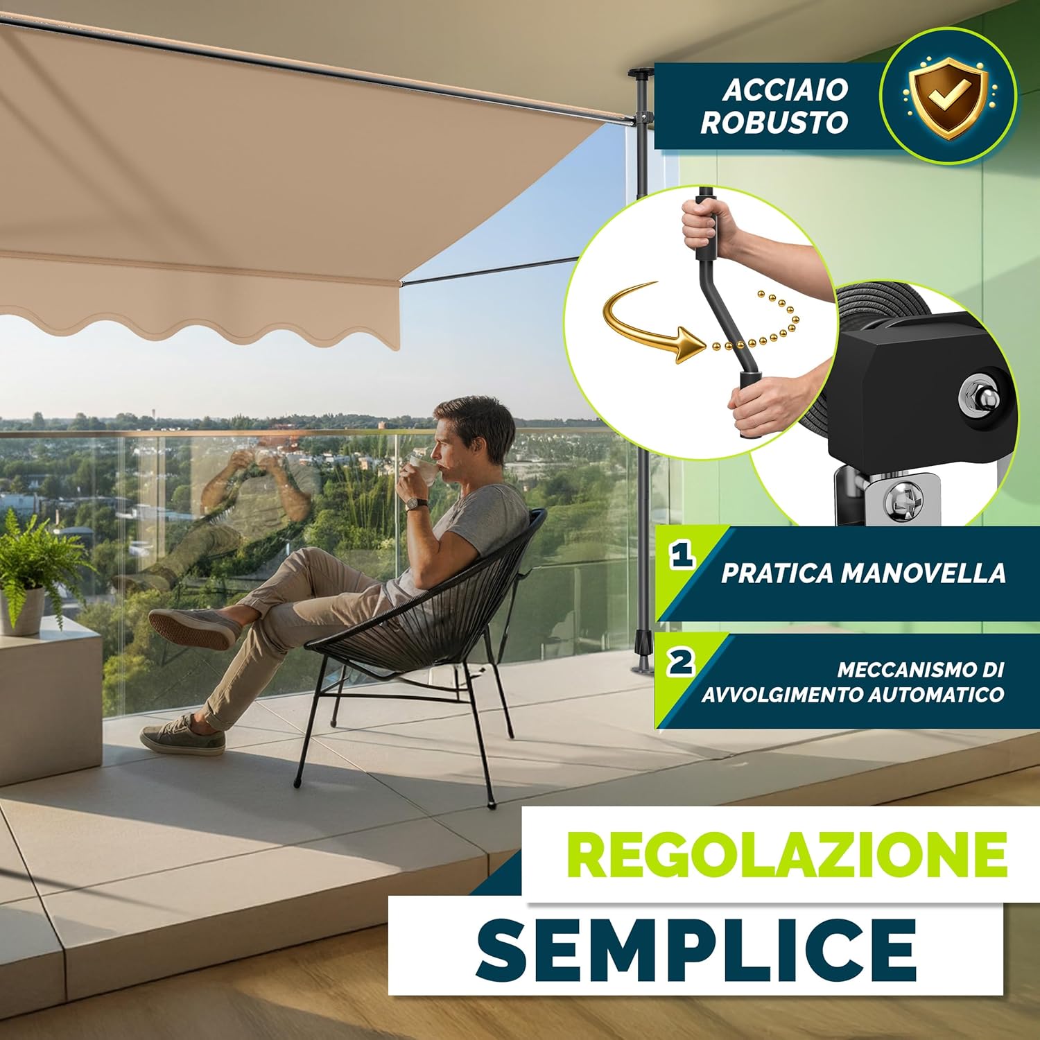 Thumbnail 4 de Tillvex Tenda da Sole a Bracci con Manovella 150 cm – Protezione per Balcone, Taupe, Altezza Regolabile