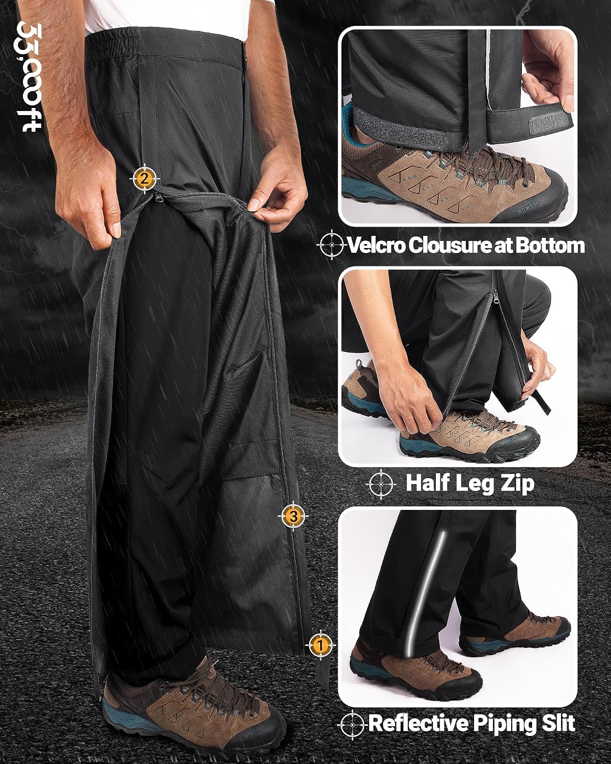 Detalle 2 de 33,000ft Men's Full-Zip Waterproof Rain Pants with Reflective Strips