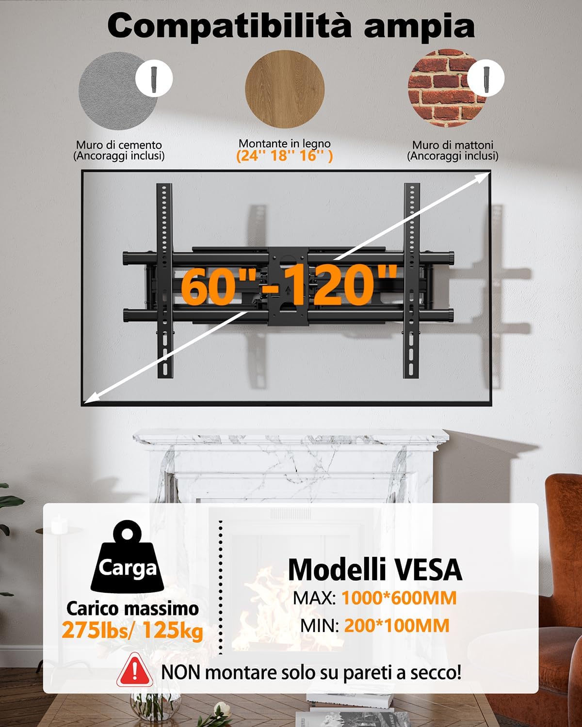 Detalle de WHYFONE Supporto TV Parete da 60–120 pollici con Bracci Doppio Snodo, Estendibile e Inclinabile, VESA 200x100–1000x600mm