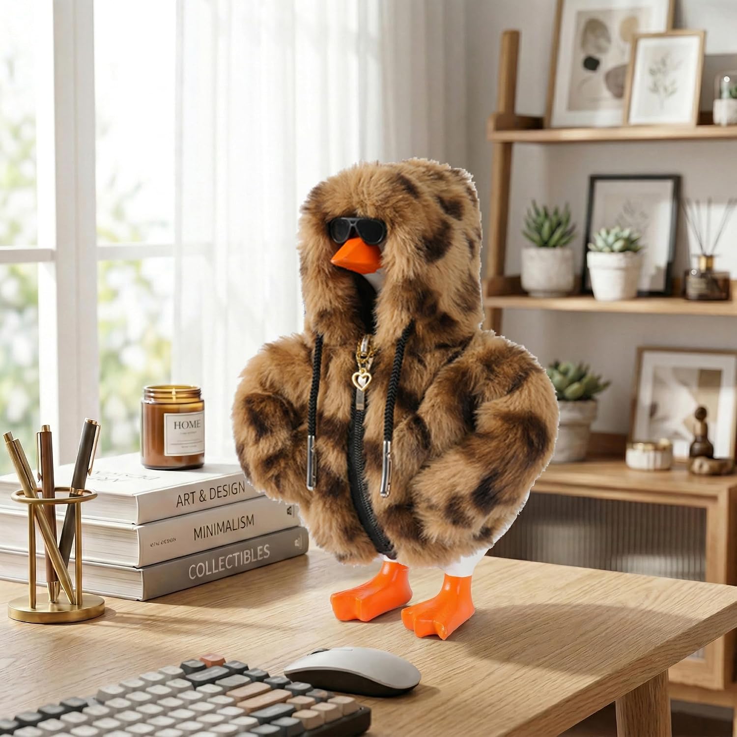 Thumbnail 3 de 7-Inch Desk Goose Outfit Set with Brown Leopard Fleece Hoodie, Sunglasses & Heart Necklace