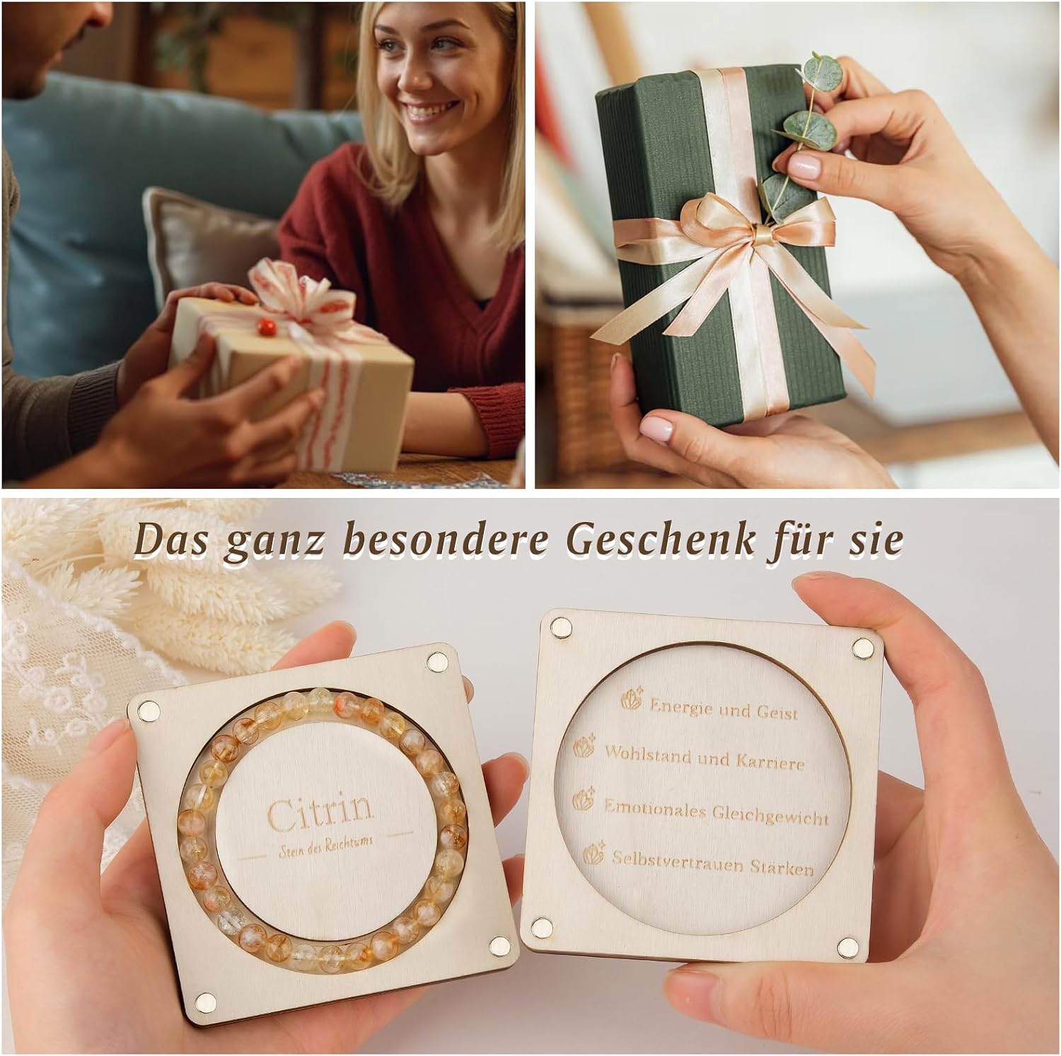 Detalle 2 de RUBY 6mm Citrin Heilstein Armband – Handgemacht, verstellbar, Geschenkbox aus Holz