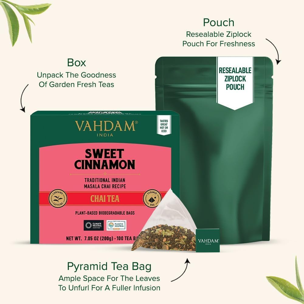 Detalle de VAHDAM Thé Chai à la Cannelle Douce – 100 Sachets Pyramid