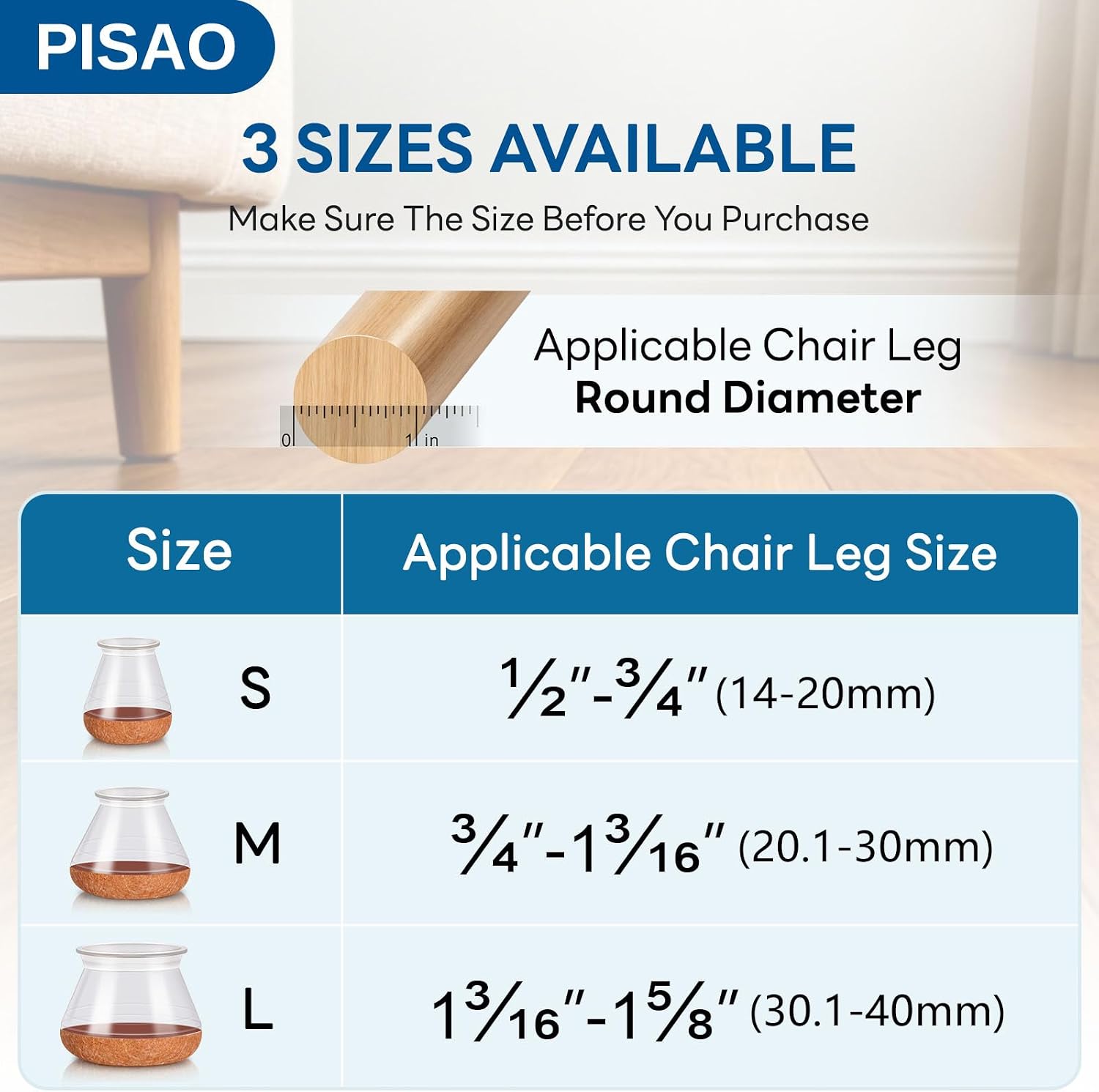 Detalle de PISAO 001 Chair Leg Protectors, 24-Pack Clear Silicone Caps with Felt