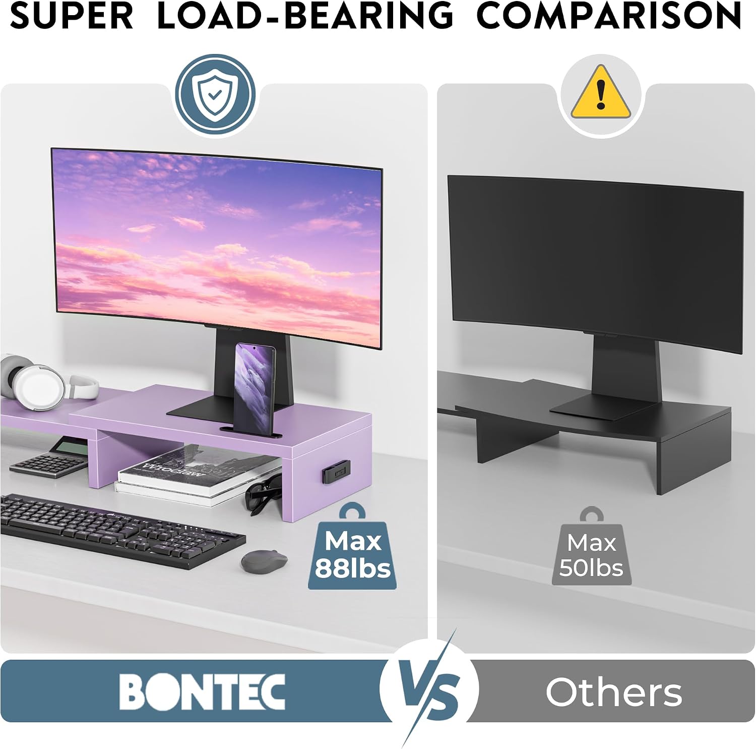 Thumbnail 5 de BONTEC Dual Monitor Stand Riser, Purple Adjustable Wooden Desk Organizer