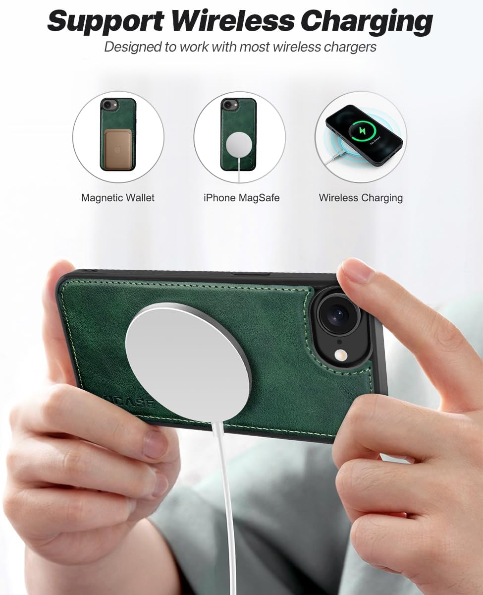 Detalle 2 de OCASE 2-in-1 iPhone 16e/17e Handyhülle mit Kartenfach, abnehmbarer magnetischer Wallet & Handschlaufe – Dunkelgrün