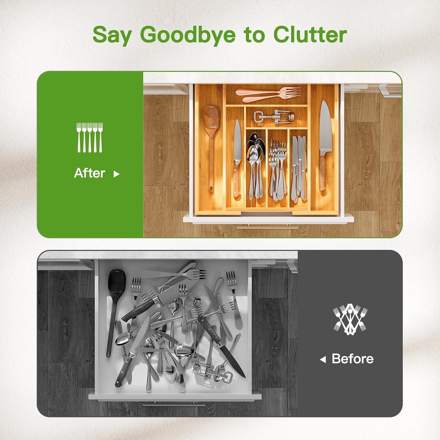Detalle de Pipishell Medium Bamboo Silverware Drawer Organizer, Expandable 10.31–16.54 Inches