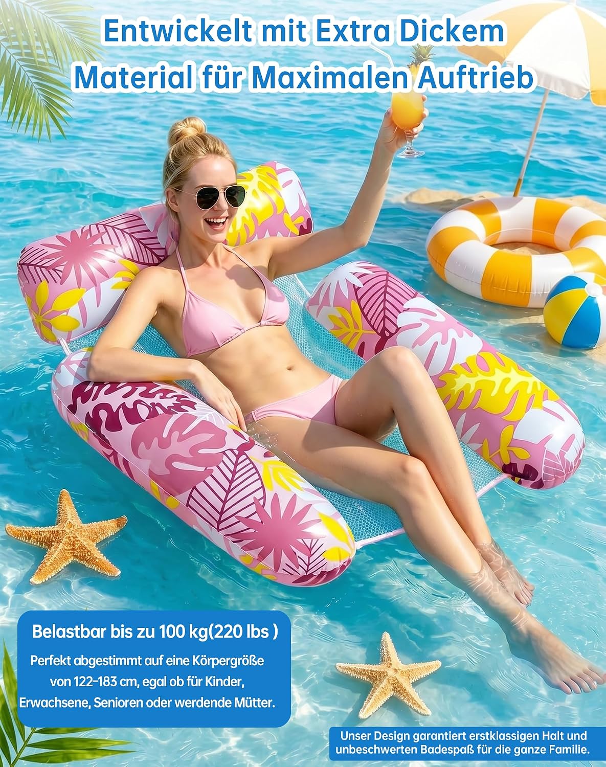 Detalle de Wincany Luftmatratze Pool mit Kippsicherem 3-Röhren-Design – 4-in-1 Aufblasbare Schwimmliege für Sommer, Strand und Urlaub