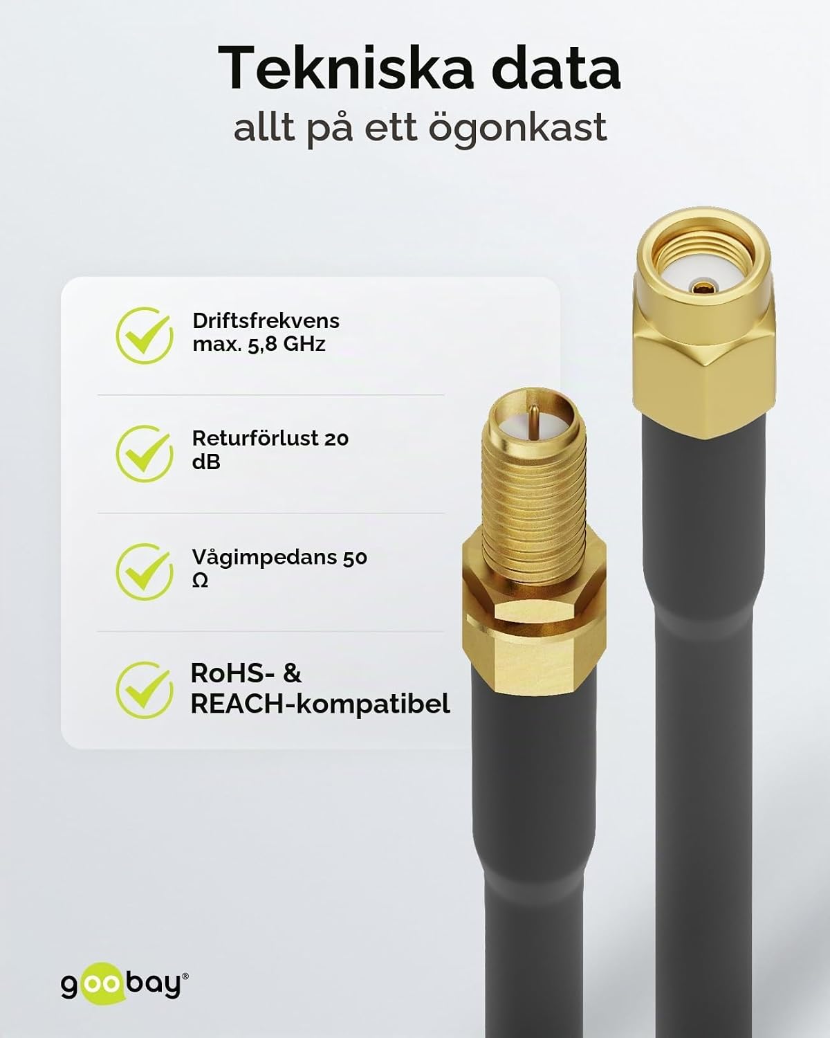 Detalle de Goobay 51676 WLAN-antennförlängningskabel med RP-SMA-kontakter, svart