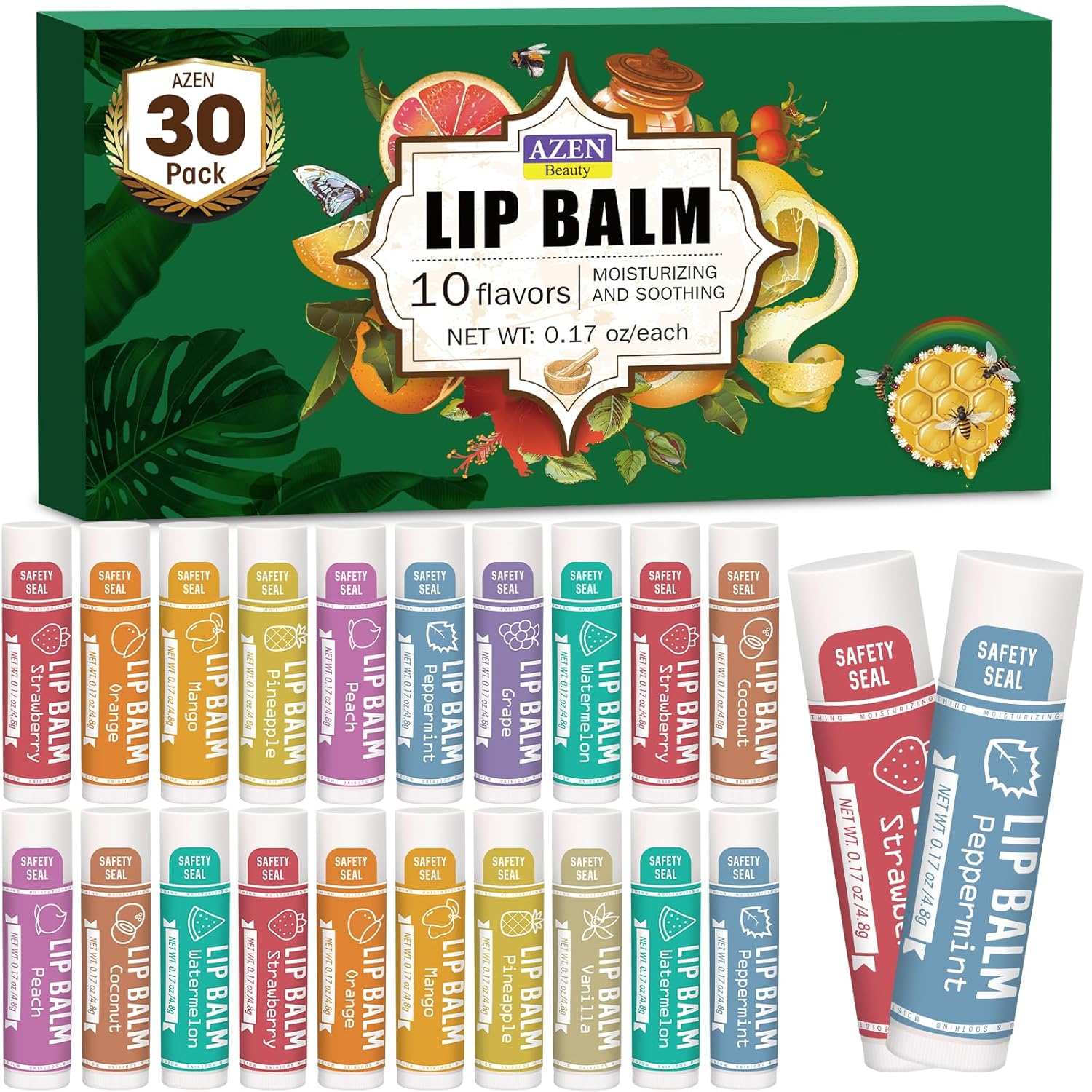 AZEN 30 Pack Lip Balm 10 Flavors 🍯