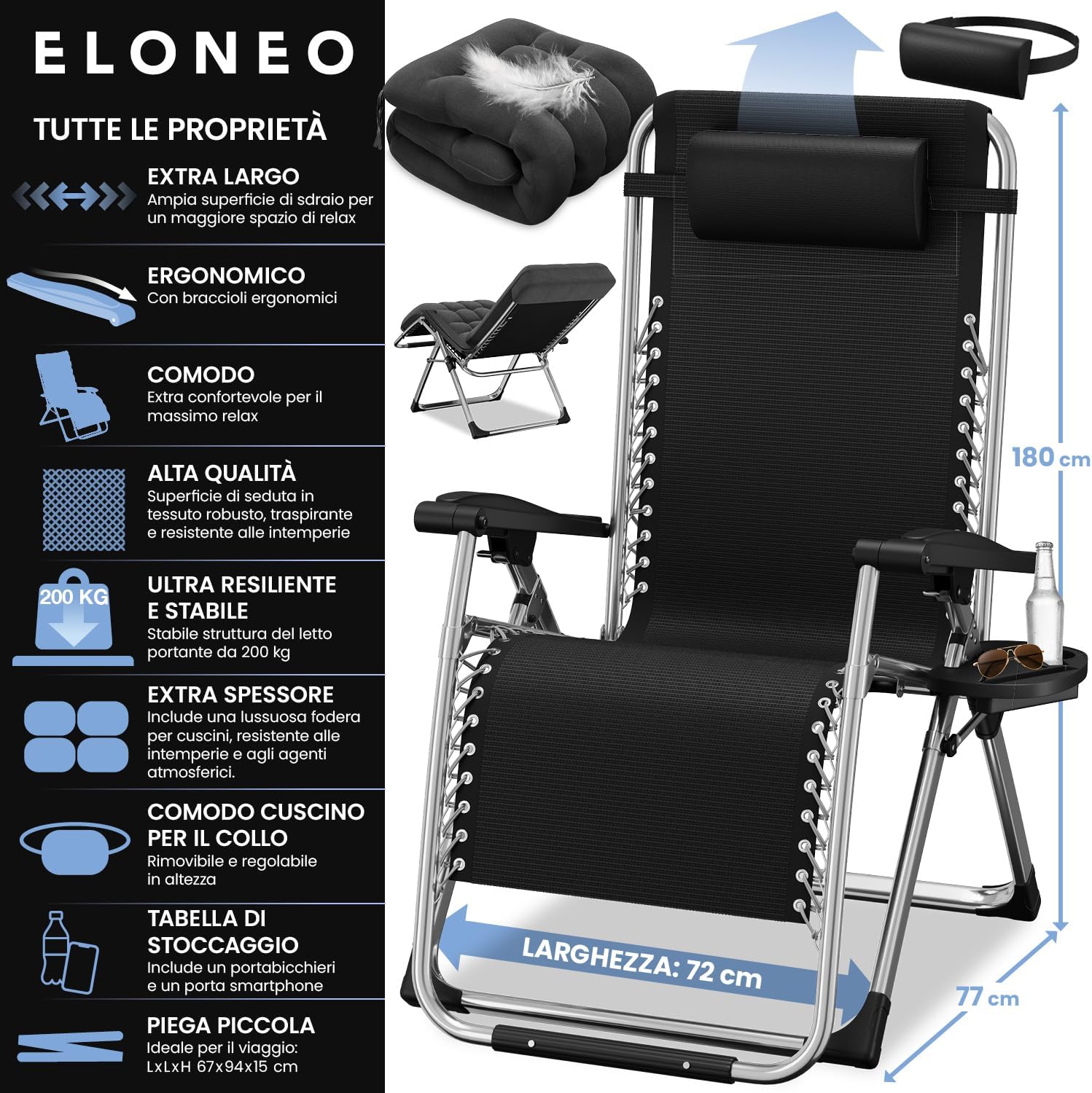 Detalle 2 de ELONEO Sedia a sdraio pieghevole con cuscino premium: comfort, versatilità e resistenza per il giardino