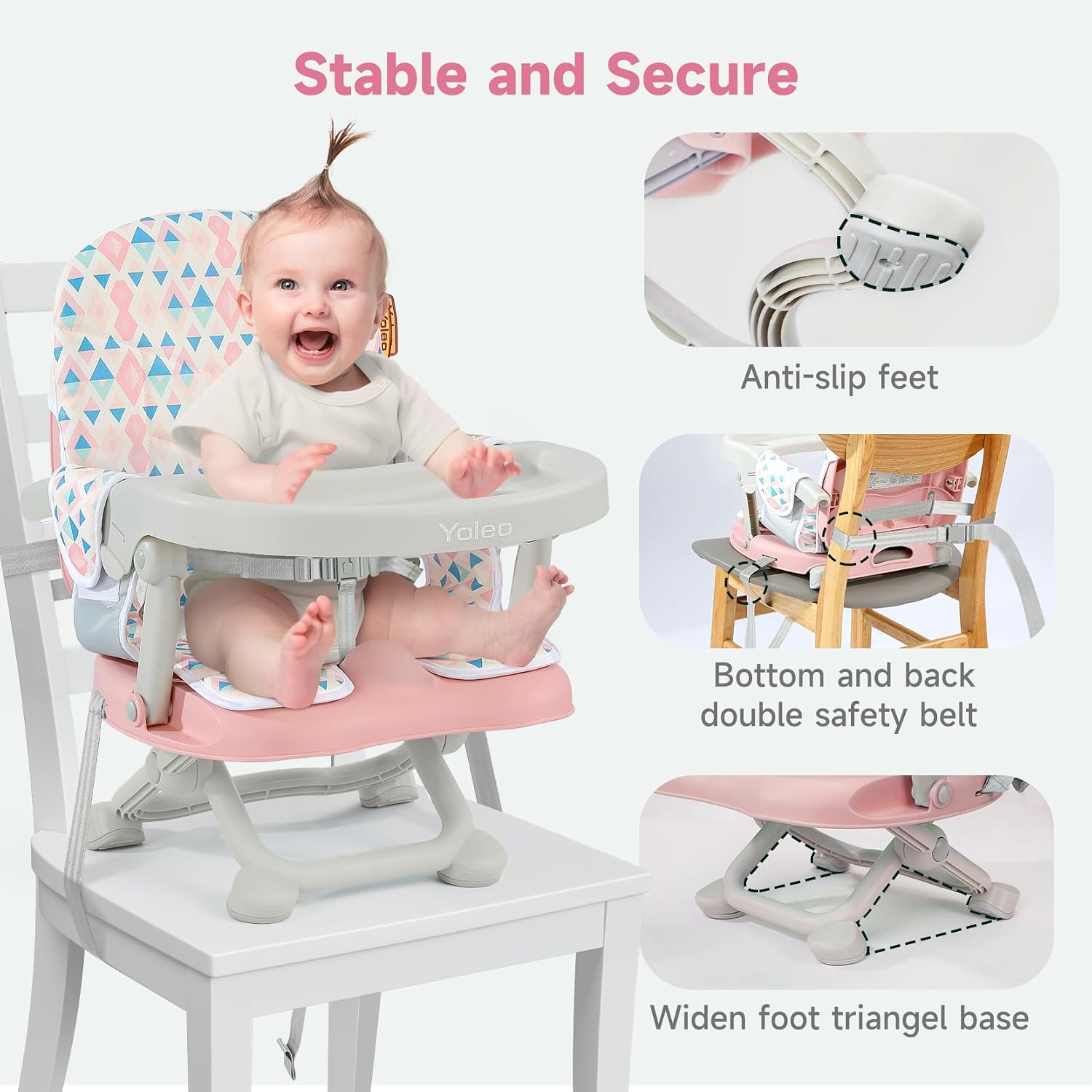 Detalle de YOLEO Baby High Chair Booster Seat, 4 Height Settings, Foldable with Tray
