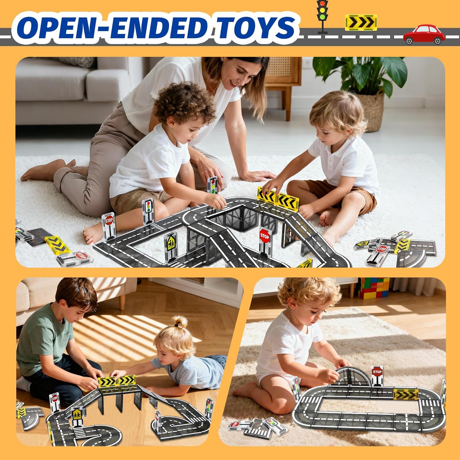 Detalle de katietoy Magnetic Tiles Road Set for Kids (46 pcs) – magnetic road tiles and traffic signs for ages 3–8