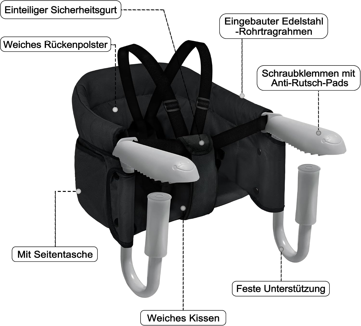 Detalle de LZQ opvouwbaar babytafelzitje, zwart, voor tafels van 2 tot 8 cm