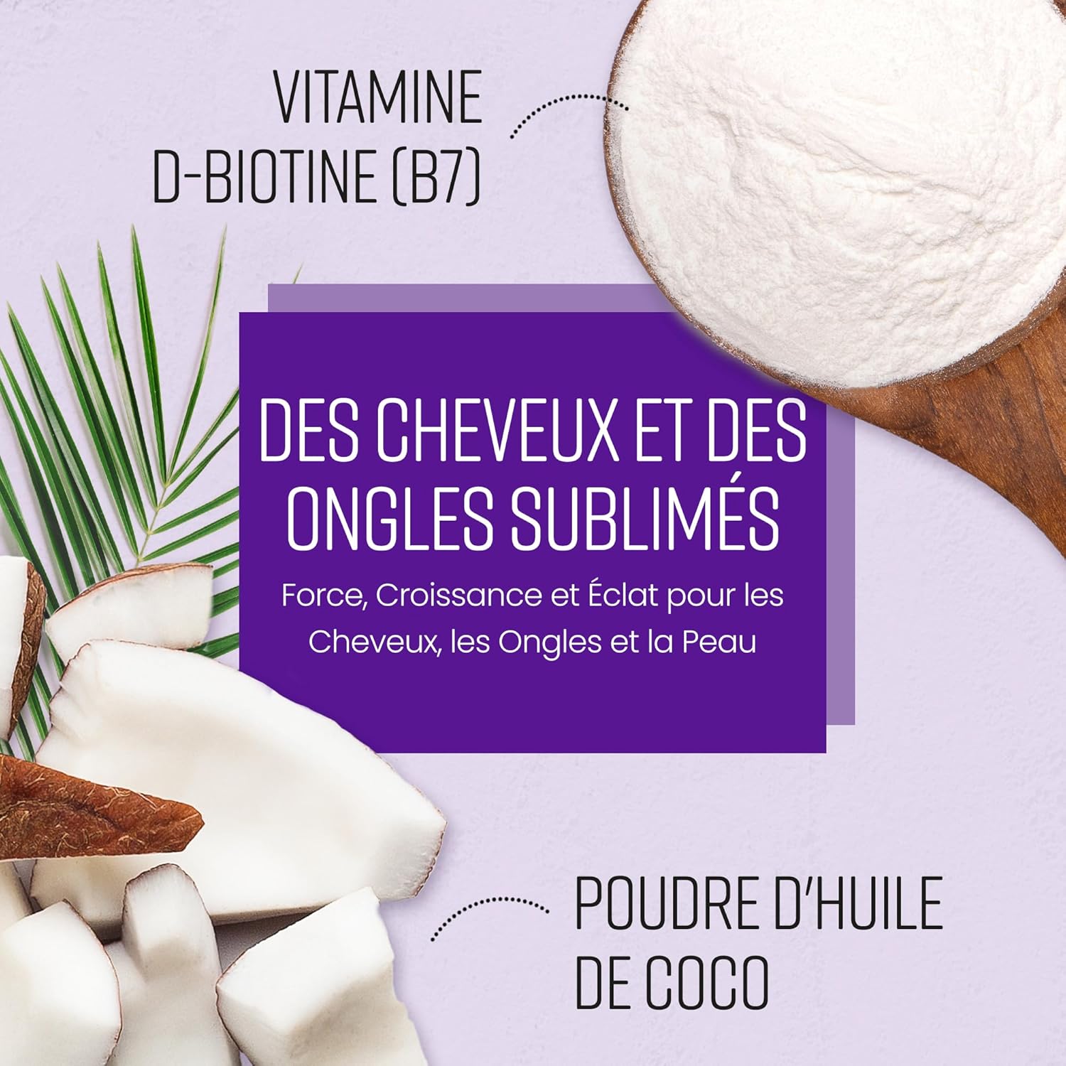 Detalle de Biotine Cheveux Pousse Rapide 12 000 mcg Extra Fort – VitaBright, cure d’un an avec extrait de noix de coco