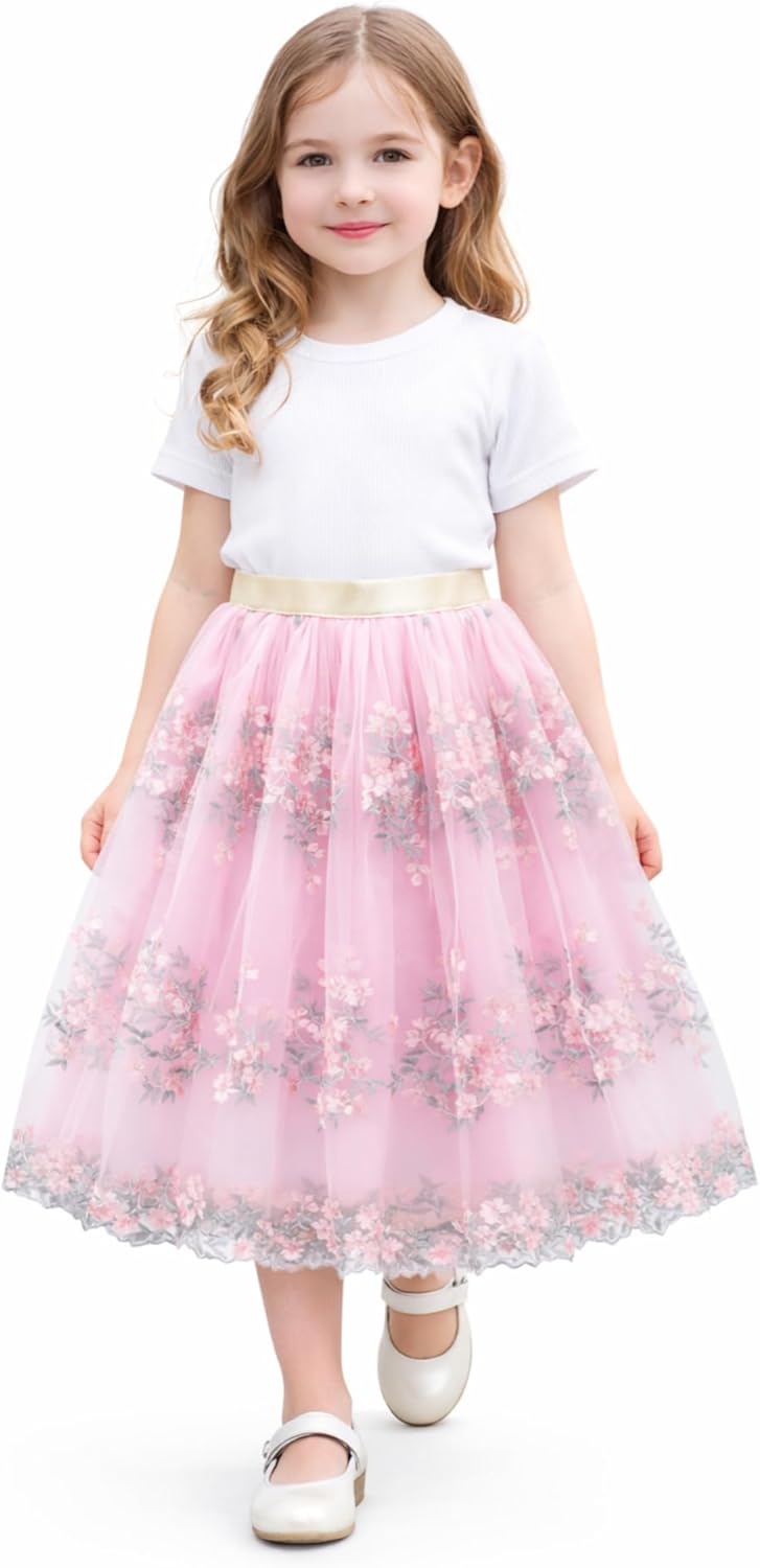 Detalle de es-uk Girls Floral Tulle Skirt with Elastic Waistband – Elegant Party, Wedding & Occasion Skirt for Kids