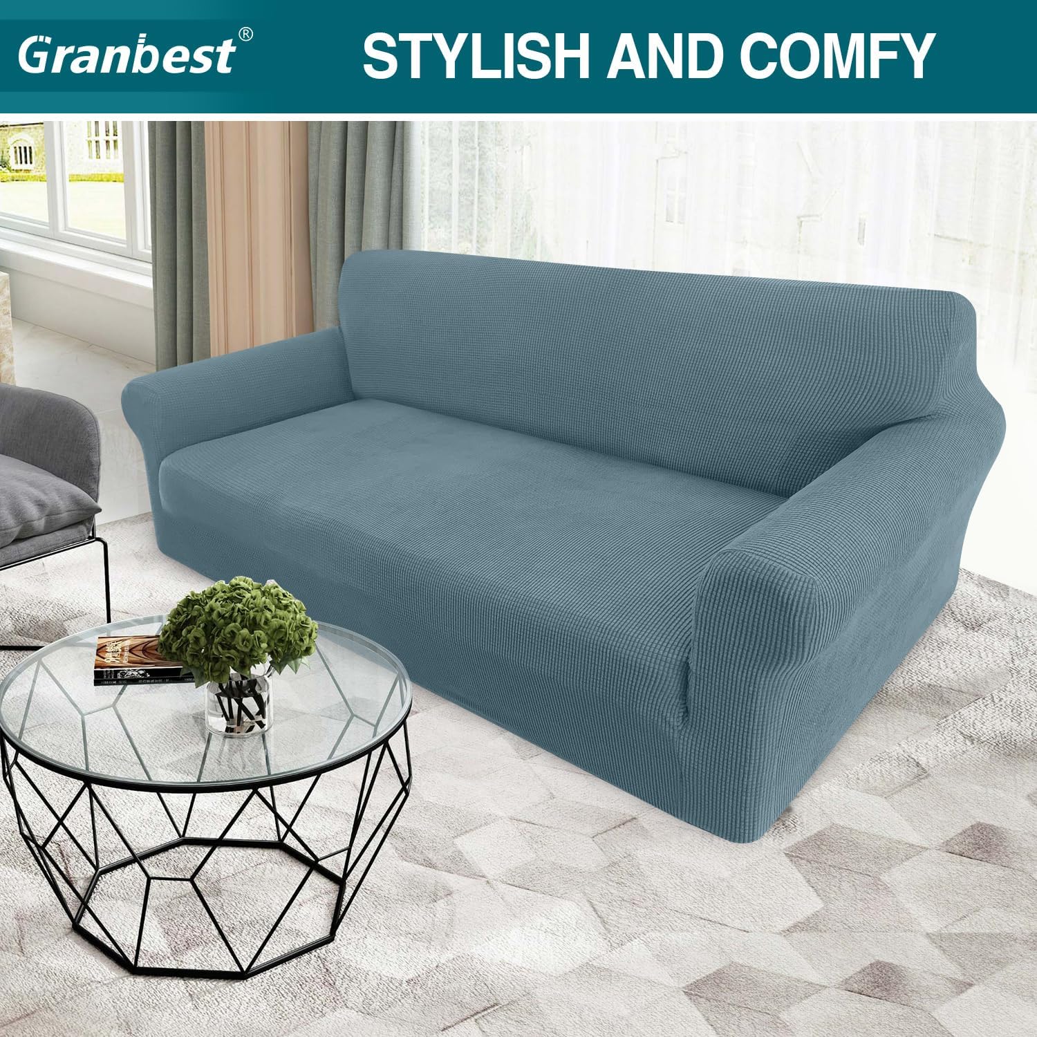 Thumbnail 1 de Granbest High Stretch 3 Seater Sofa Cover – Light Blue, Non-Slip, 85% Polyester 15% Spandex