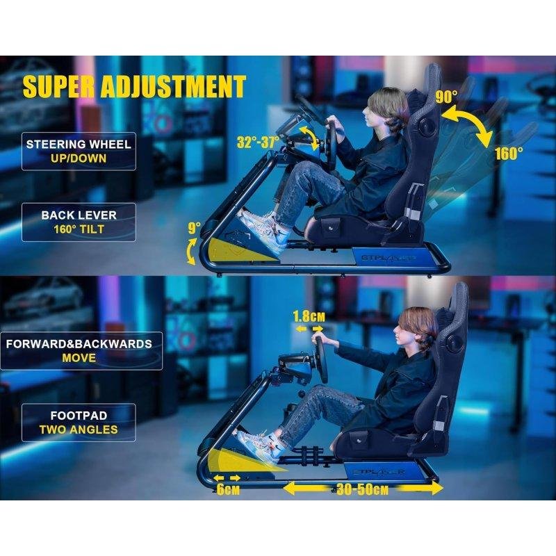 Detalle de Cockpit de simulación GTPLAYER Sim Racing con altavoces y soporte para volante y pedales