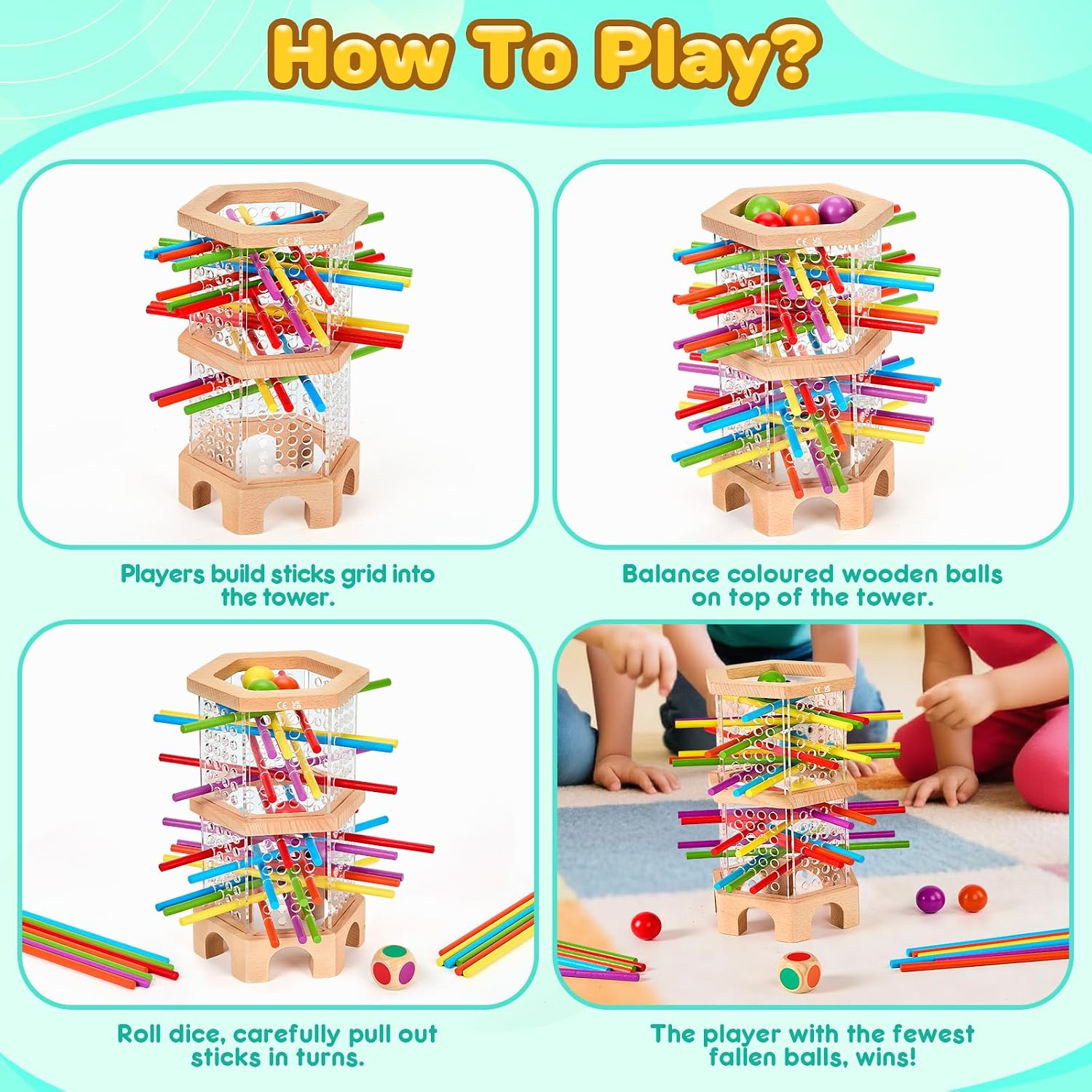 Detalle de Montessori Spiel Holz – Würfelspiele mit 42 bunten Holzstäbchen (ab 3 Jahren) für Feinmotorik & Familienrunden