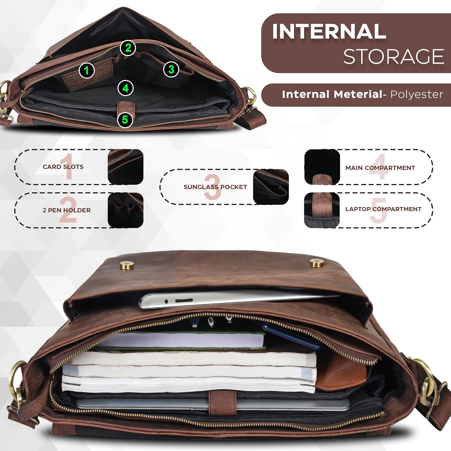 Thumbnail 2 de Oak Leathers handmade leather messenger bag with laptop briefcase design