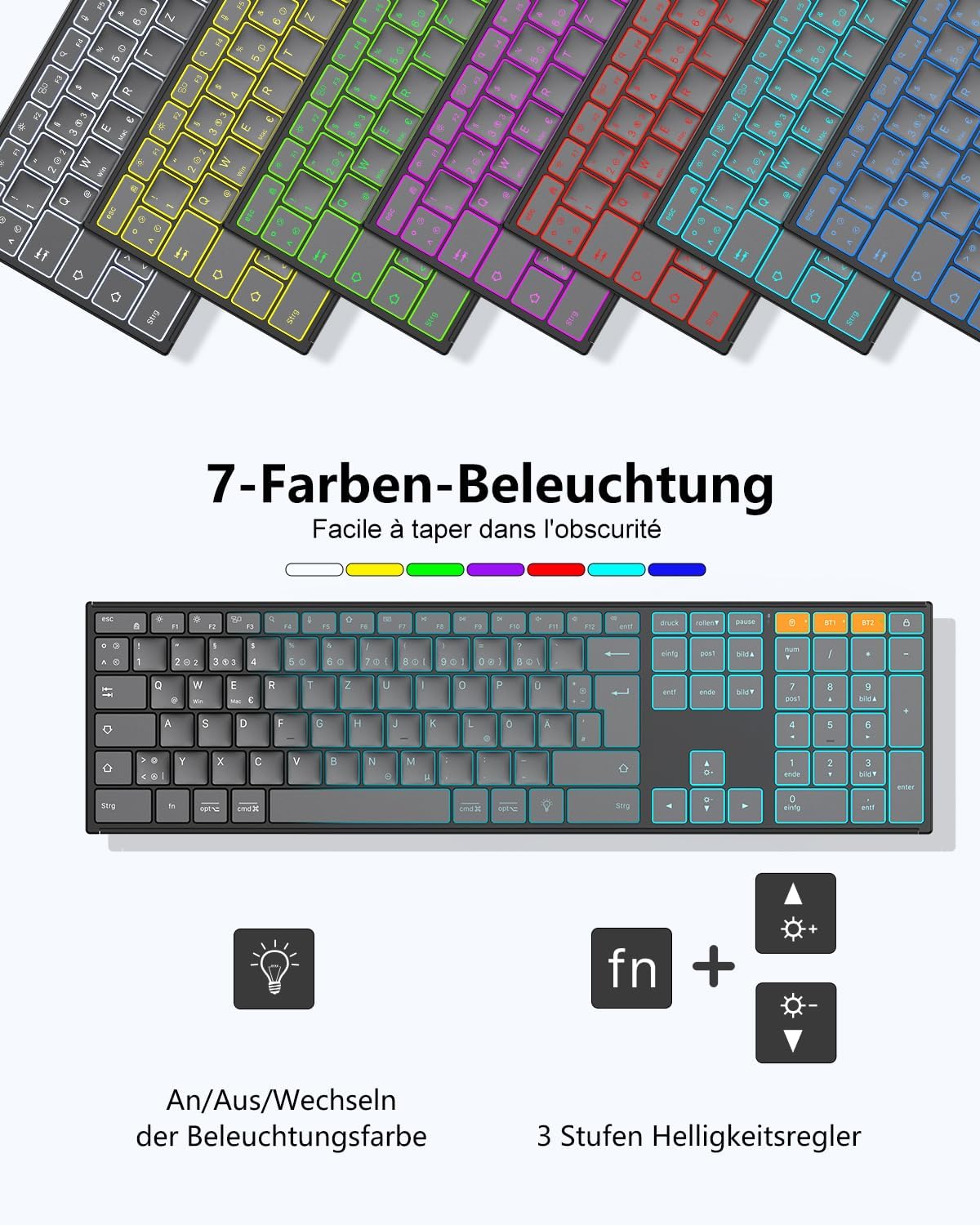 Thumbnail 3 de OMOTON kabellose Bluetooth-Tastatur mit Metallgehäuse (2,4G + BT), beleuchtet, Multi-Device, deutsches QWERTZ