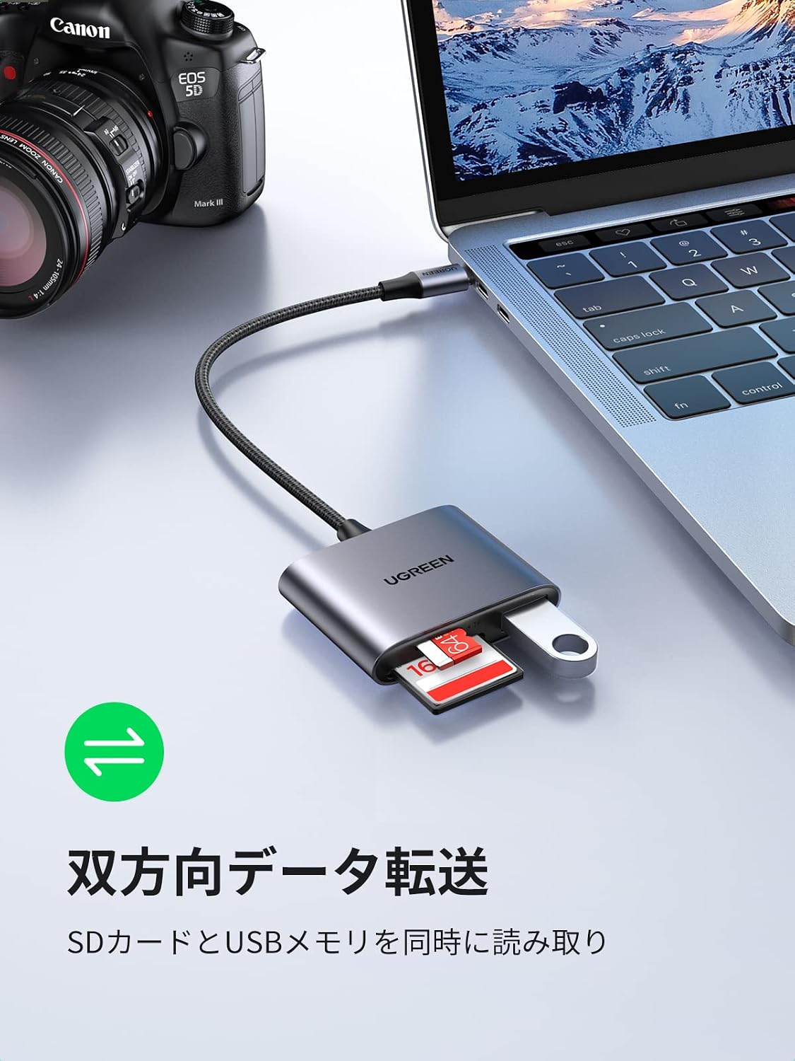 Detalle de UGREEN USB-Cカードリーダー SD・MicroSD同時読み書き対応、USBポート付きアルミ合金製