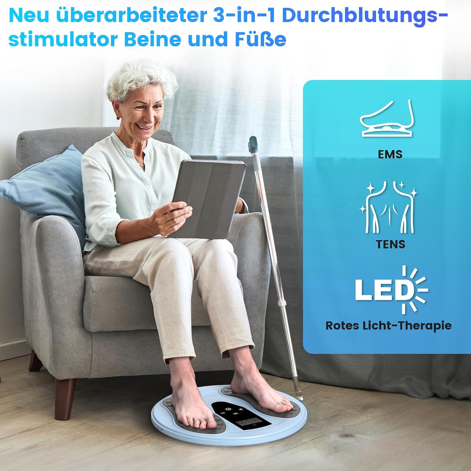 Detalle 2 de Medic Durchblutungs-Stimulator Beine & Füße mit Rotlichttherapie (660/850 nm) – EMS+TENS Fußmassagegerät