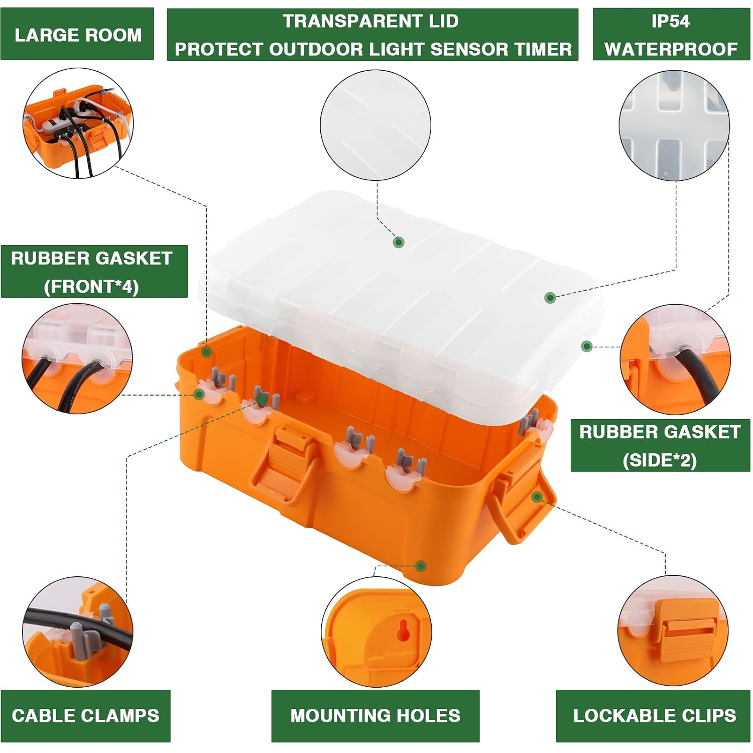 Detalle 1 de Flemoon 7003 IP54 Outdoor Electrical Box with Clear Lid and 6 Cable Ports