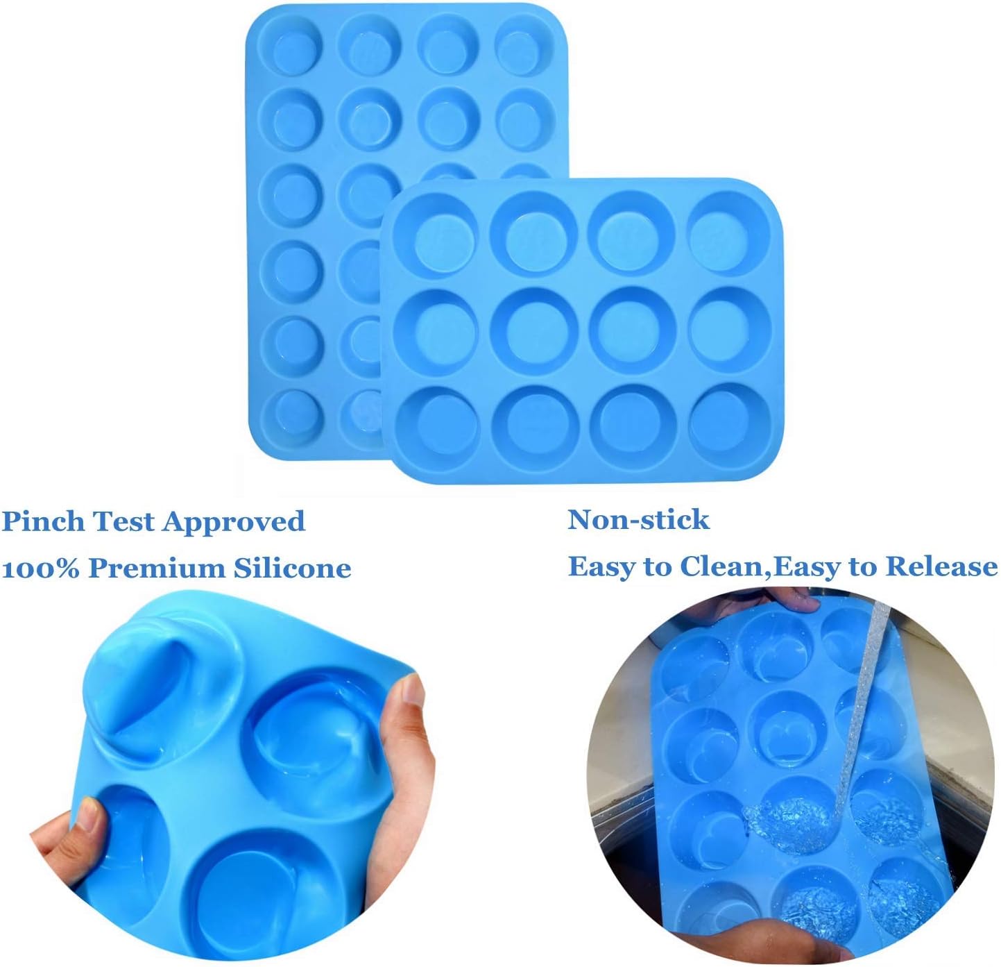 Detalle de Bangp 2-Pack Silicone Muffin Pan Set – 12 Regular + 24 Mini, BPA Free, Non‑Stick, with Spatula & Oil Brush
