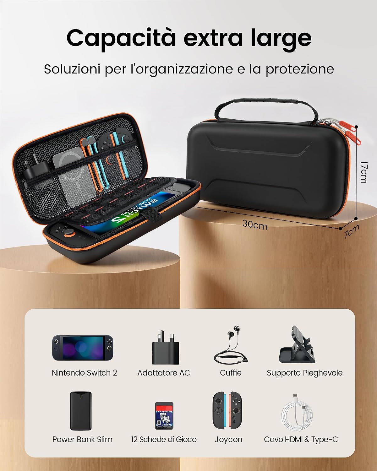 Detalle 2 de Custodia rigida da viaggio per Nintendo Switch 2 con alloggiamento alimentatore e 12 slot giochi (nero)