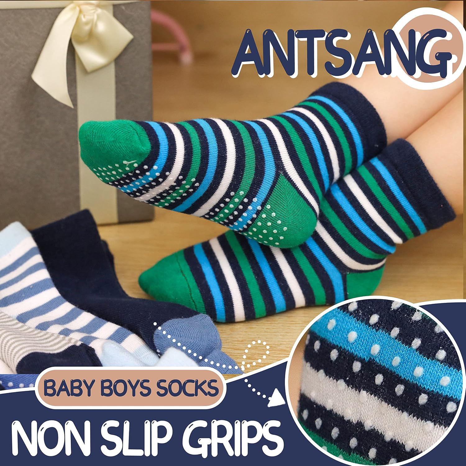 Detalle de ANTSANG Stoppersocken für Kinder & Baby-Jungen (Anti-Rutsch, Baumwolle) – 12 Paar