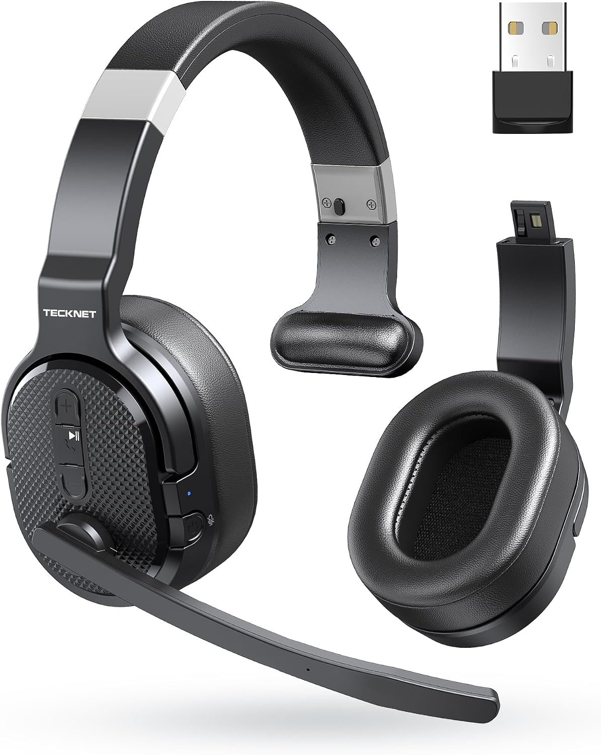 Detalle de TECKNET Bluetooth Headset mit Mikrofon (Single/Dual Noise Cancelling) inkl. USB-Dongle – für Office & Calls